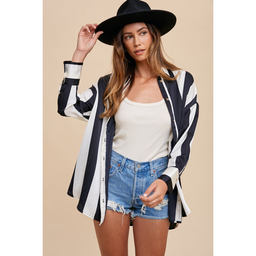 Annie Wear Striped Dropped Shoulder Button Up Shirt Black/Ivory / S Apparel and Accessories