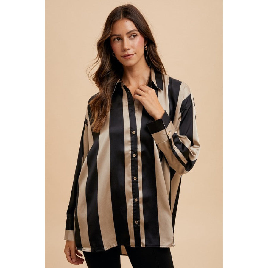 Annie Wear Striped Dropped Shoulder Button Up Shirt Black/Khaki / S Apparel and Accessories