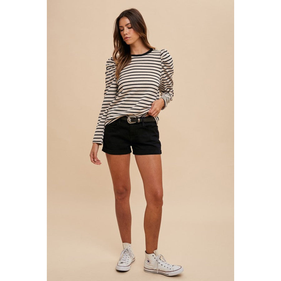 Annie Wear Striped Round Neck Puff Sleeve French Terry Top Apparel and Accessories