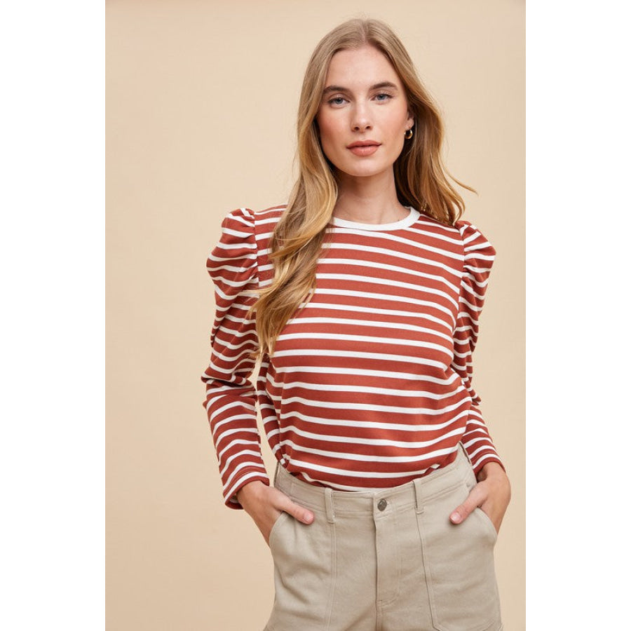 Annie Wear Striped Round Neck Puff Sleeve French Terry Top Apparel and Accessories