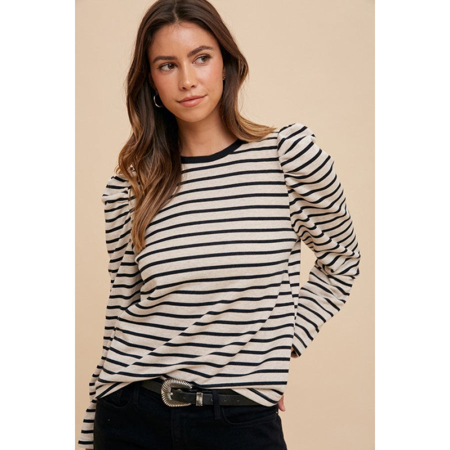 Annie Wear Striped Round Neck Puff Sleeve French Terry Top Apparel and Accessories