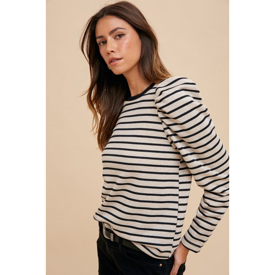 Annie Wear Striped Round Neck Puff Sleeve French Terry Top Apparel and Accessories