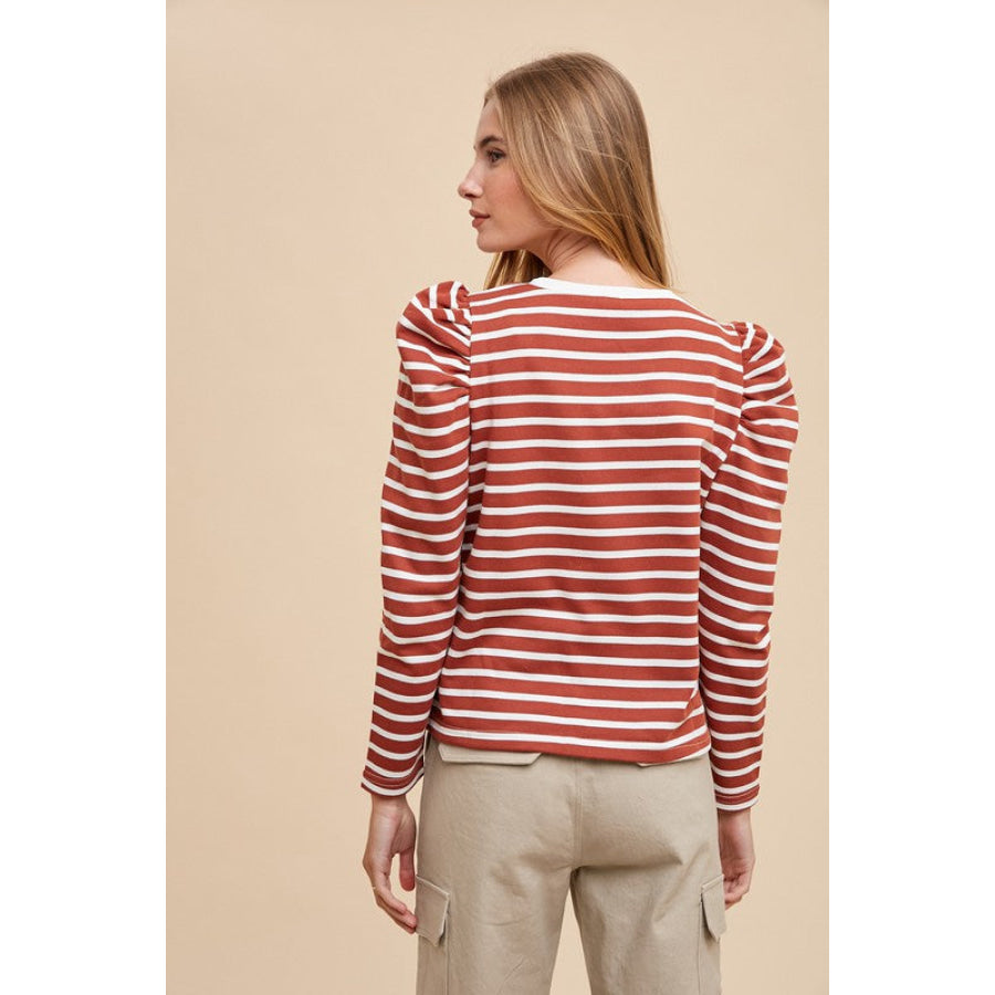 Annie Wear Striped Round Neck Puff Sleeve French Terry Top Apparel and Accessories