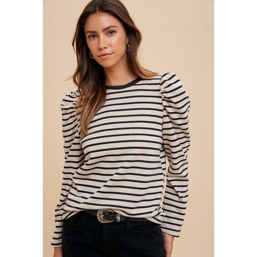 Annie Wear Striped Round Neck Puff Sleeve French Terry Top Black / S Apparel and Accessories