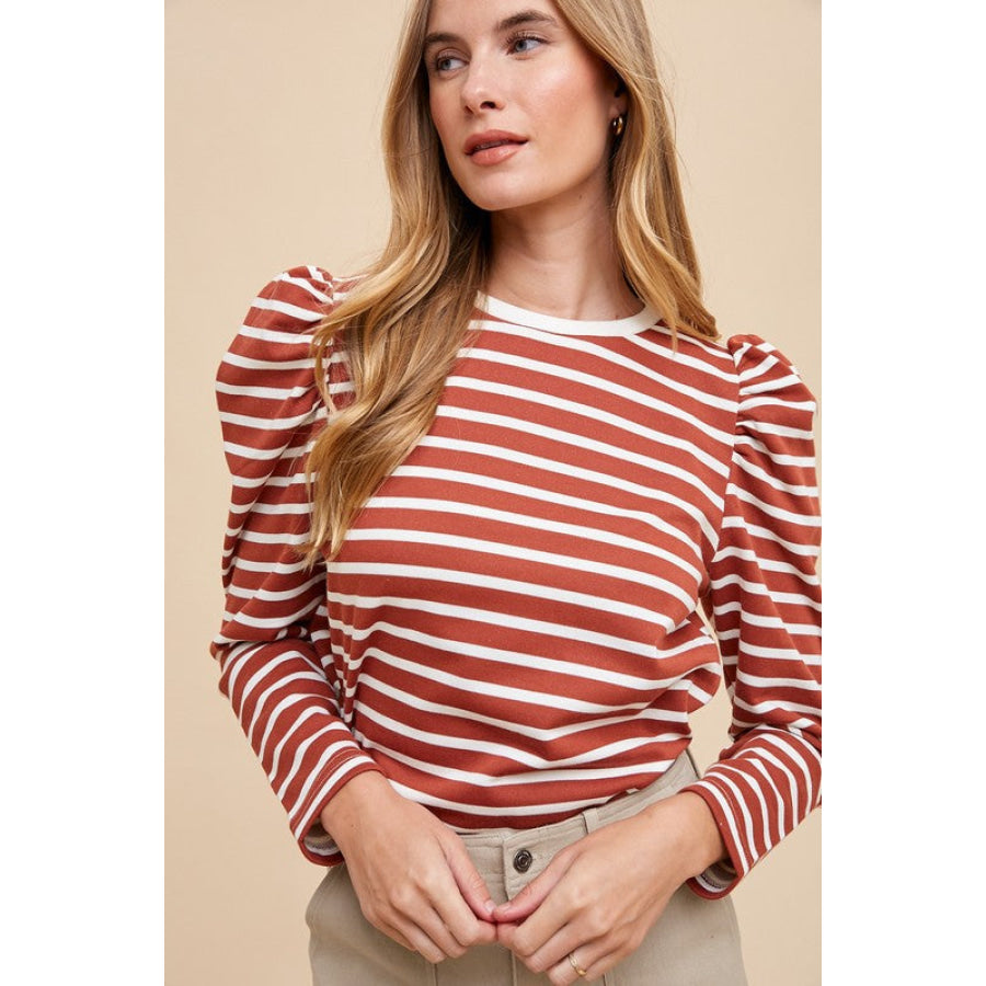 Annie Wear Striped Round Neck Puff Sleeve French Terry Top Rust / S Apparel and Accessories