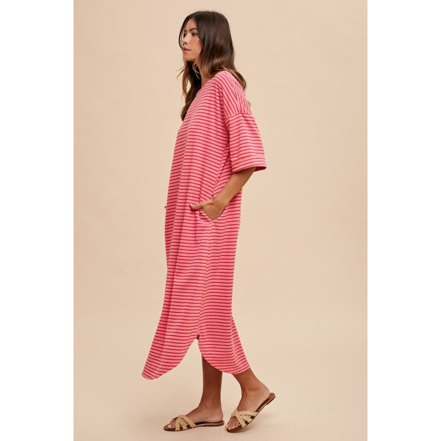 Annie Wear Striped Round Neck Terry Midi Dress Hot Pink/Red / S Apparel and Accessories