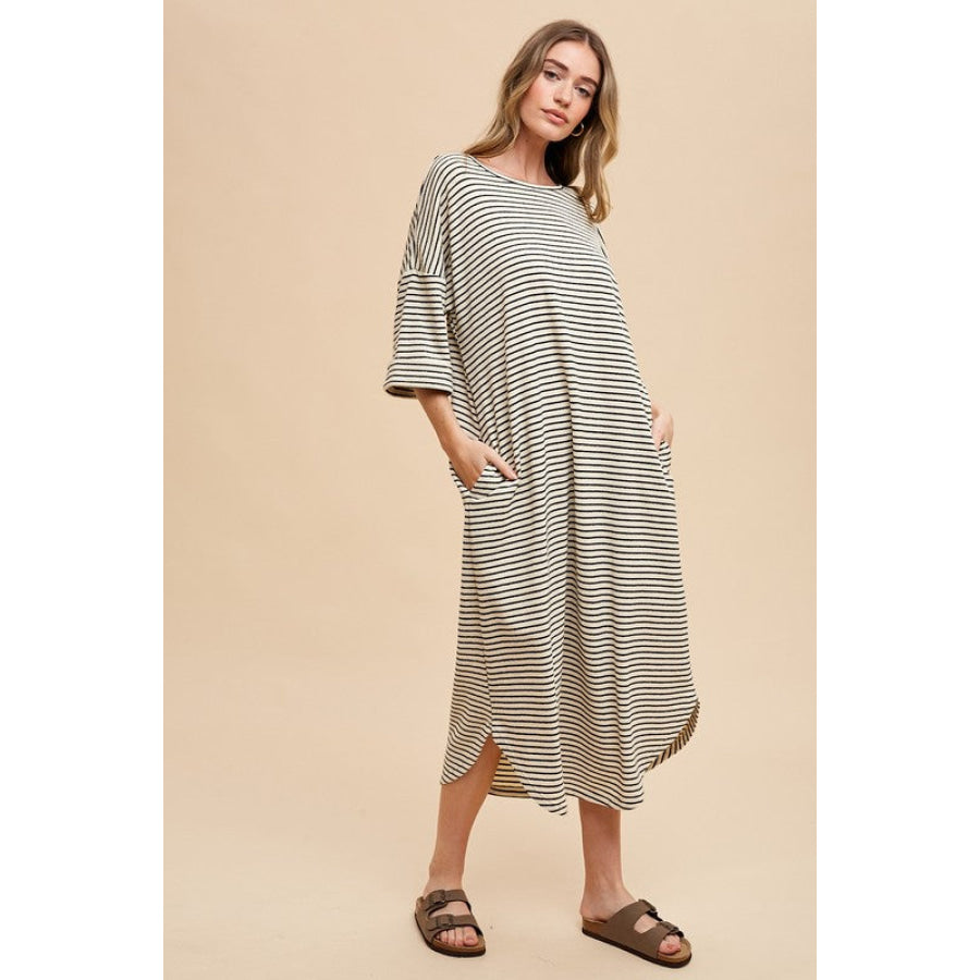 Annie Wear Striped Round Neck Terry Midi Dress Apparel and Accessories