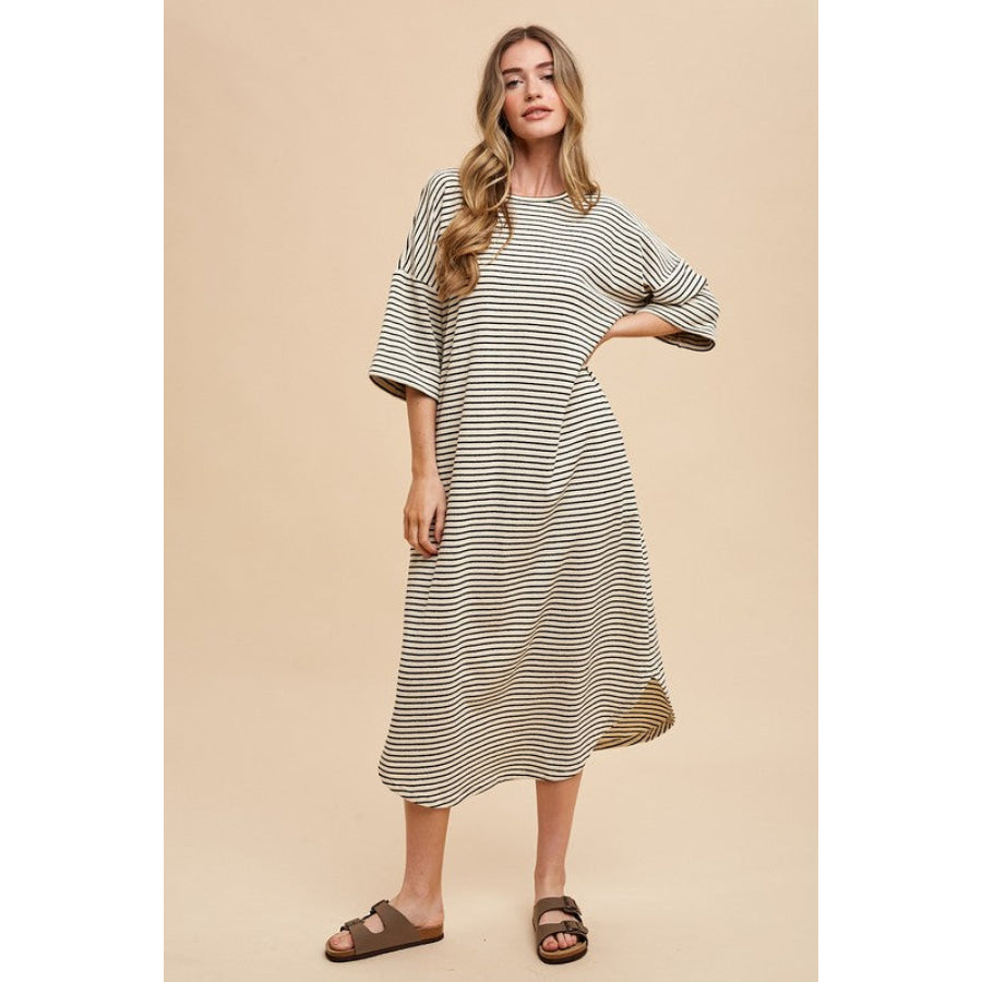 Annie Wear Striped Round Neck Terry Midi Dress Apparel and Accessories