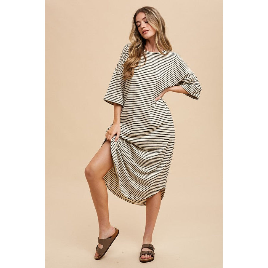 Annie Wear Striped Round Neck Terry Midi Dress Apparel and Accessories