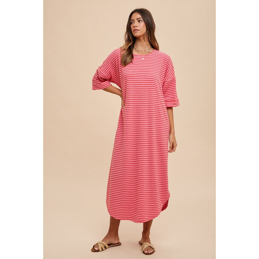 Annie Wear Striped Round Neck Terry Midi Dress Apparel and Accessories