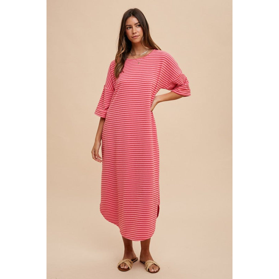 Annie Wear Striped Round Neck Terry Midi Dress Hot Pink/Red / S Apparel and Accessories