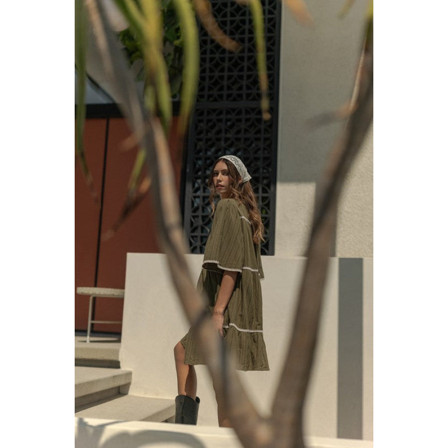 Annie Wear Tassel Contrast Trim Tie Neck Half Sleeve Tiered Dress Olive / S Apparel and Accessories