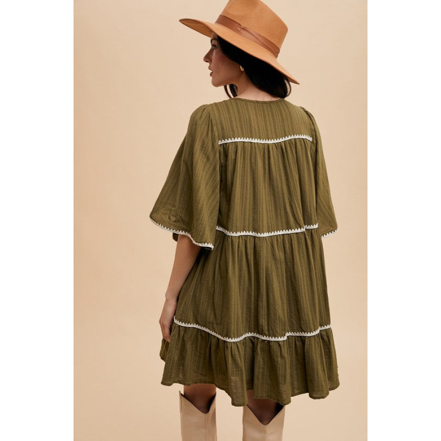 Annie Wear Tassel Contrast Trim Tie Neck Half Sleeve Tiered Dress Apparel and Accessories