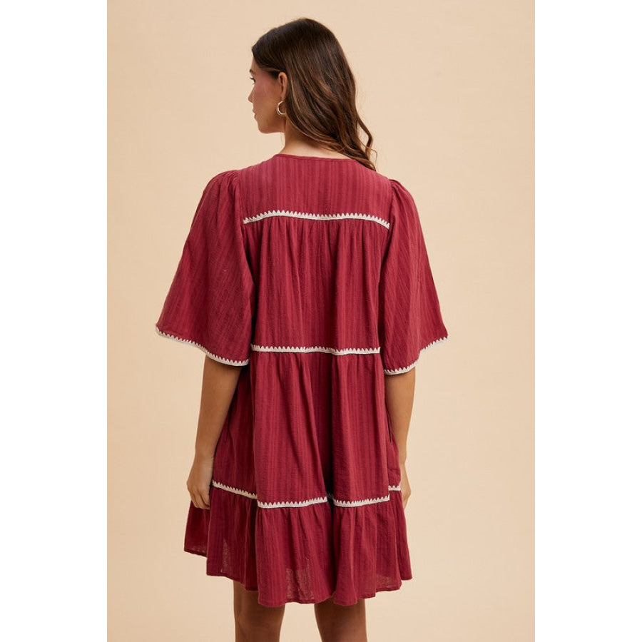 Annie Wear Tassel Contrast Trim Tie Neck Half Sleeve Tiered Dress Apparel and Accessories