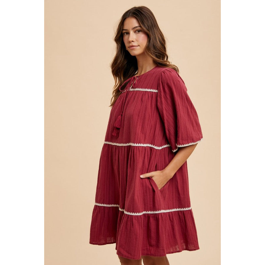 Annie Wear Tassel Contrast Trim Tie Neck Half Sleeve Tiered Dress Apparel and Accessories