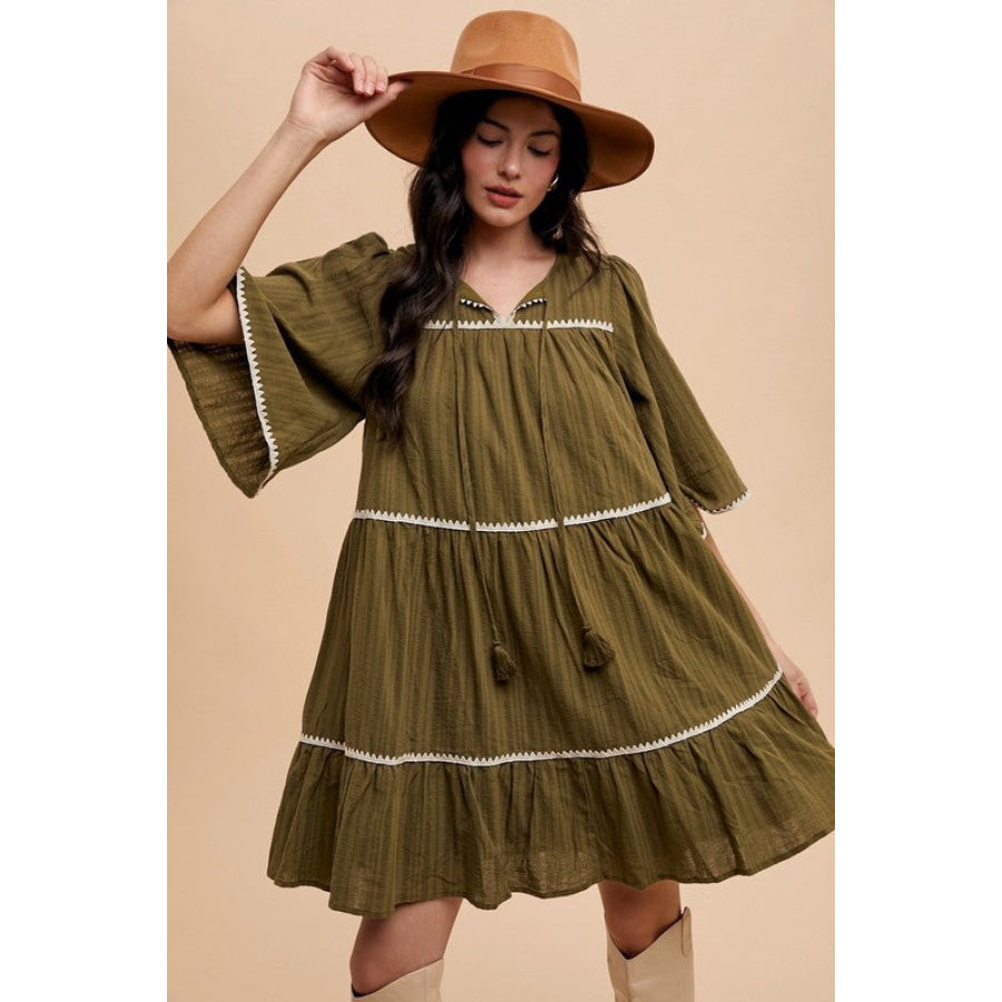 Annie Wear Tassel Contrast Trim Tie Neck Half Sleeve Tiered Dress Apparel and Accessories