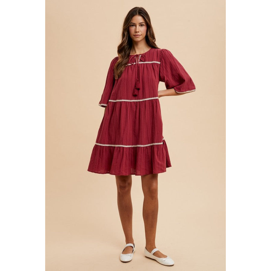 Annie Wear Tassel Contrast Trim Tie Neck Half Sleeve Tiered Dress Apparel and Accessories