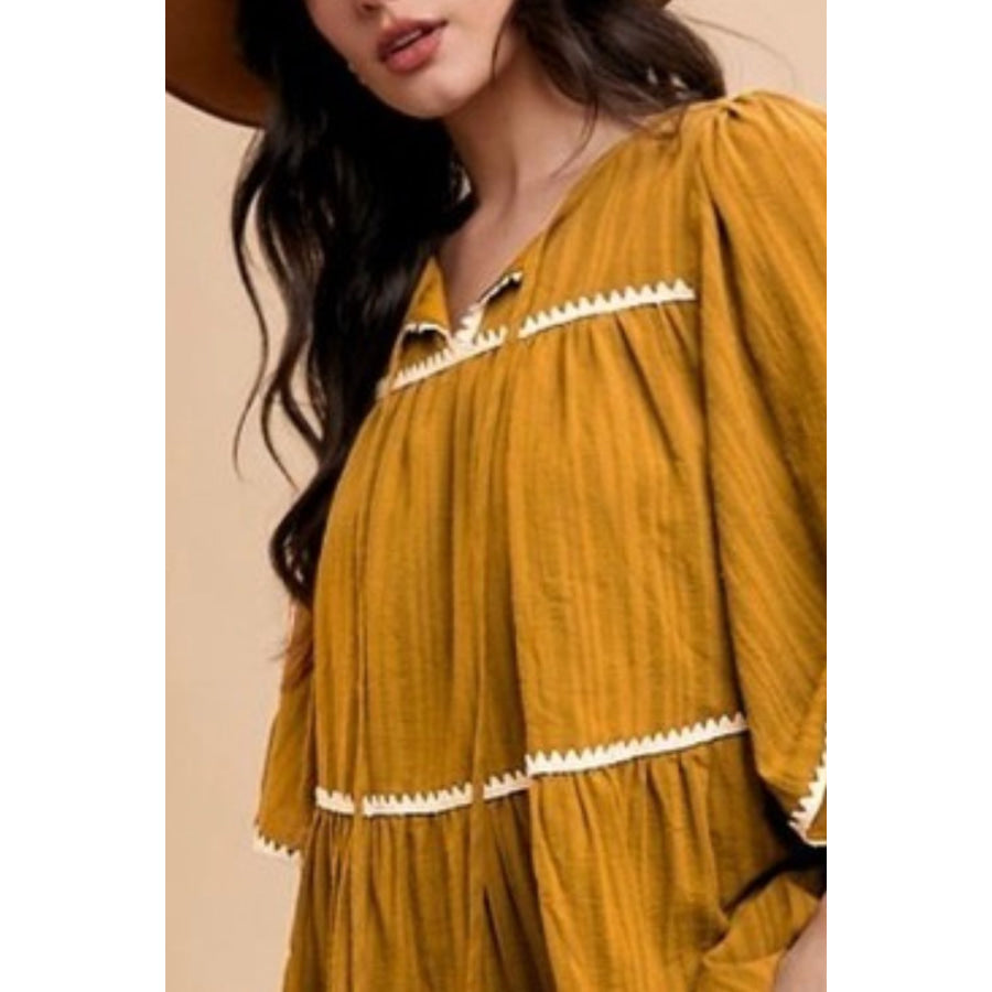 Annie Wear Tassel Contrast Trim Tie Neck Half Sleeve Tiered Dress Apparel and Accessories