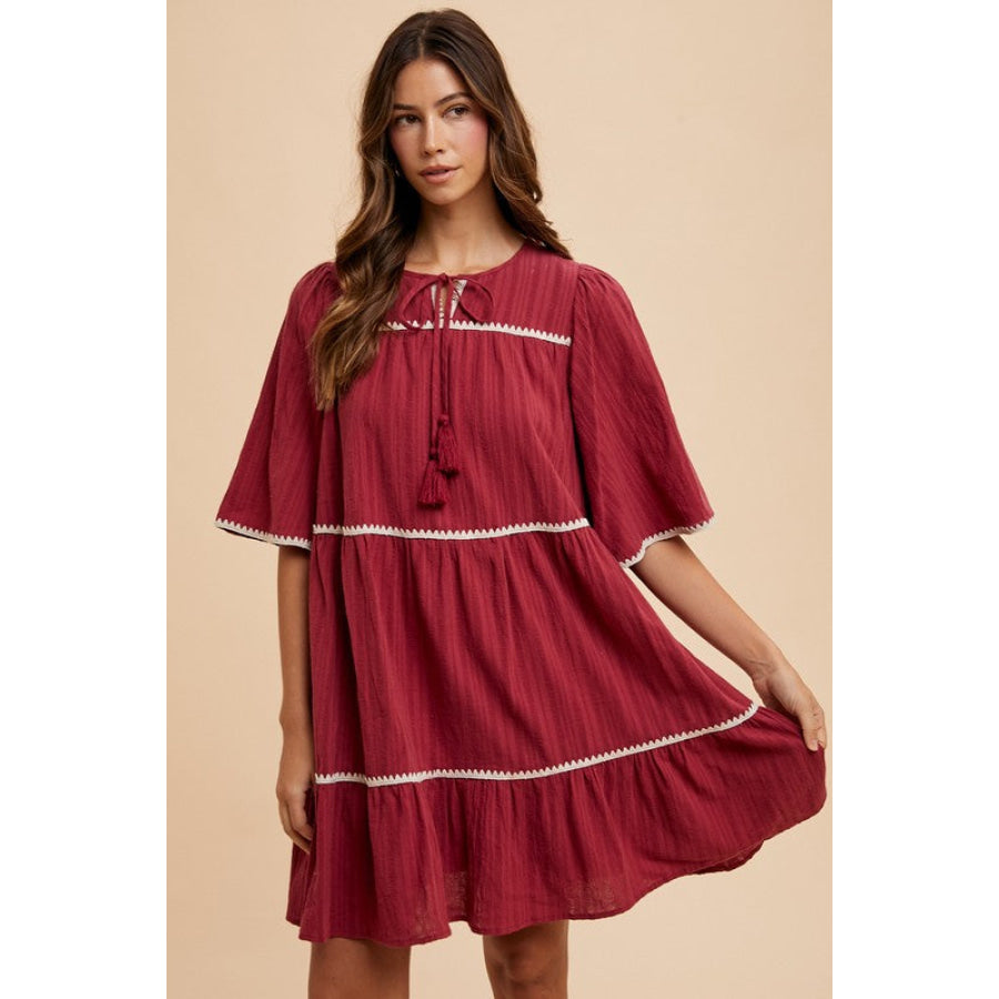 Annie Wear Tassel Contrast Trim Tie Neck Half Sleeve Tiered Dress Apparel and Accessories