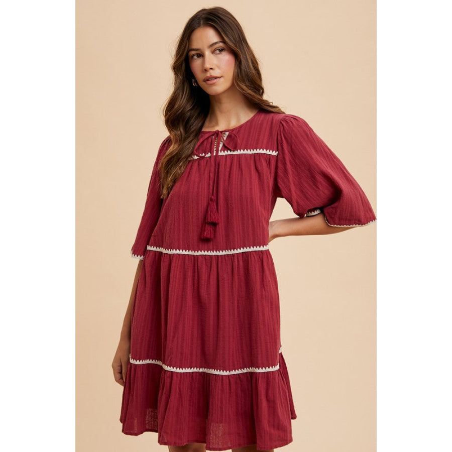 Annie Wear Tassel Contrast Trim Tie Neck Half Sleeve Tiered Dress Burgundy / S Apparel and Accessories