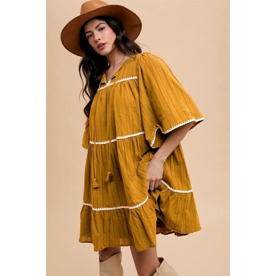 Annie Wear Tassel Contrast Trim Tie Neck Half Sleeve Tiered Dress Mustard / S Apparel and Accessories