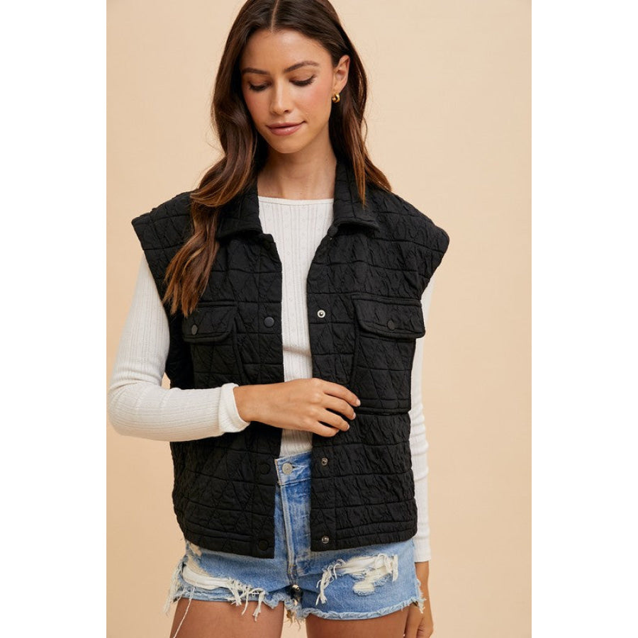 Annie Wear Texture Quilted Snap Down Vest Coat Black / S Apparel and Accessories