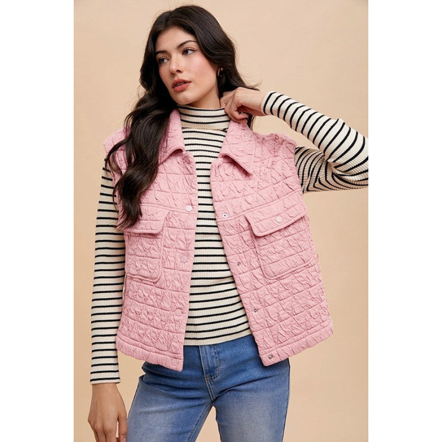 Annie Wear Texture Quilted Snap Down Vest Coat Blush Pink / S Apparel and Accessories