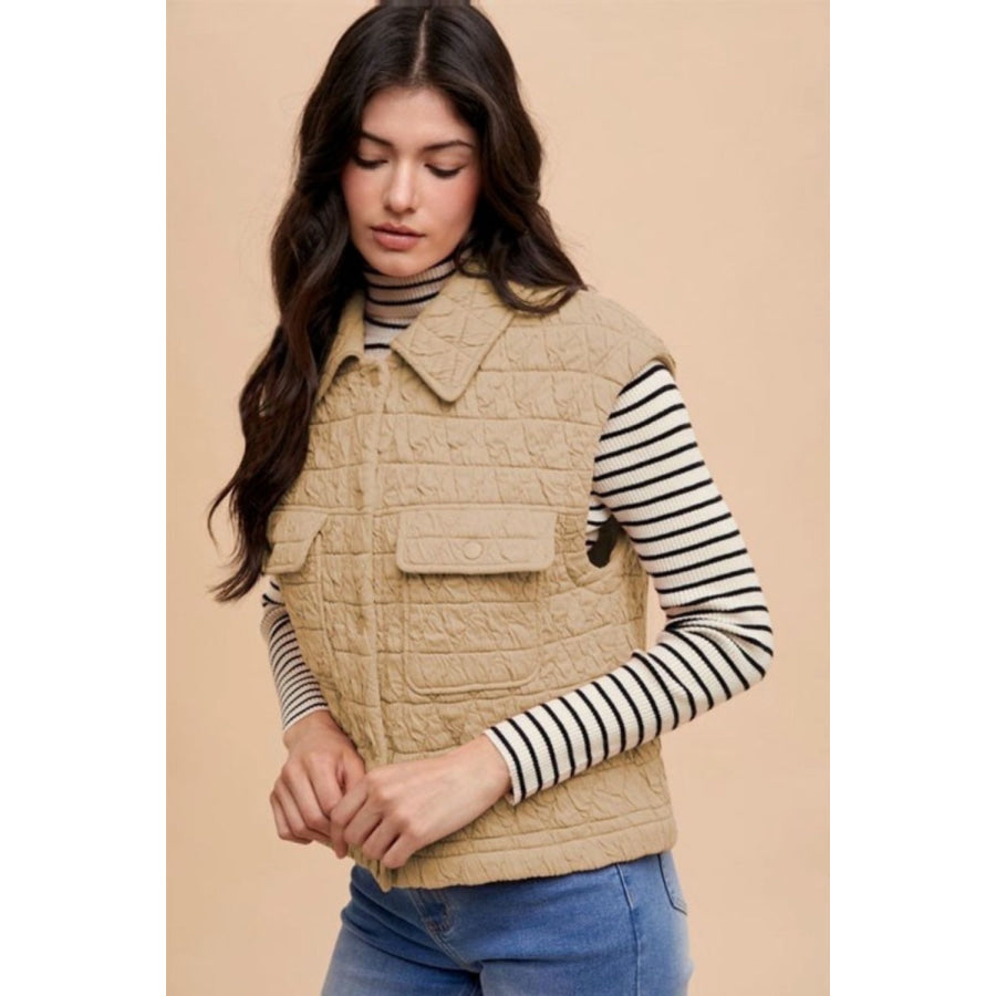 Annie Wear Texture Quilted Snap Down Vest Coat Tan / S Apparel and Accessories