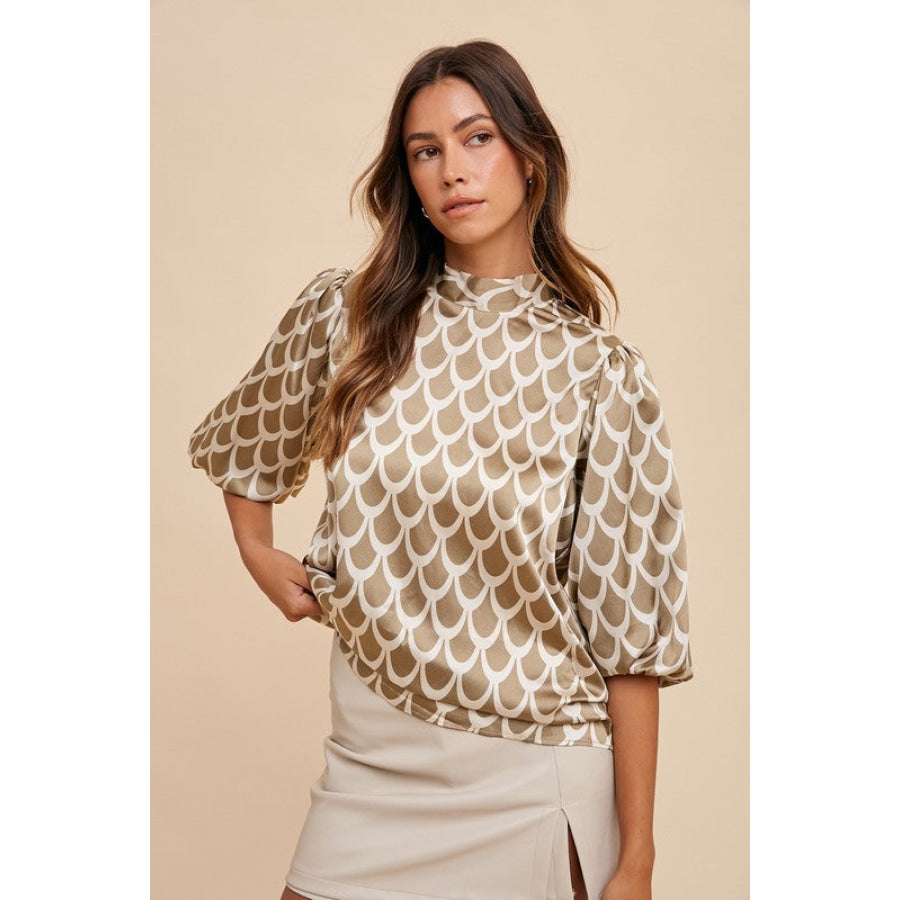 Annie Wear Tie Back Abstract Print Mock Neck Half Sleeve Blouse Apparel and Accessories