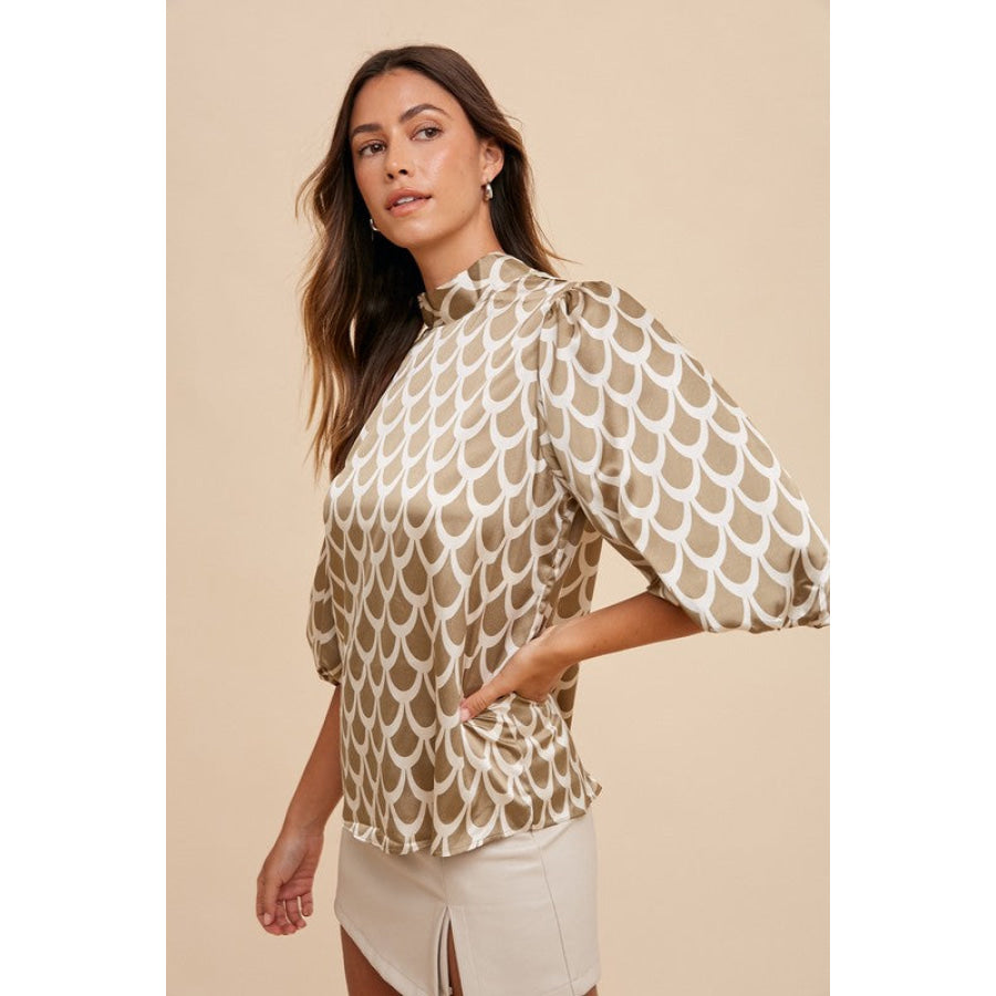 Annie Wear Tie Back Abstract Print Mock Neck Half Sleeve Blouse Apparel and Accessories