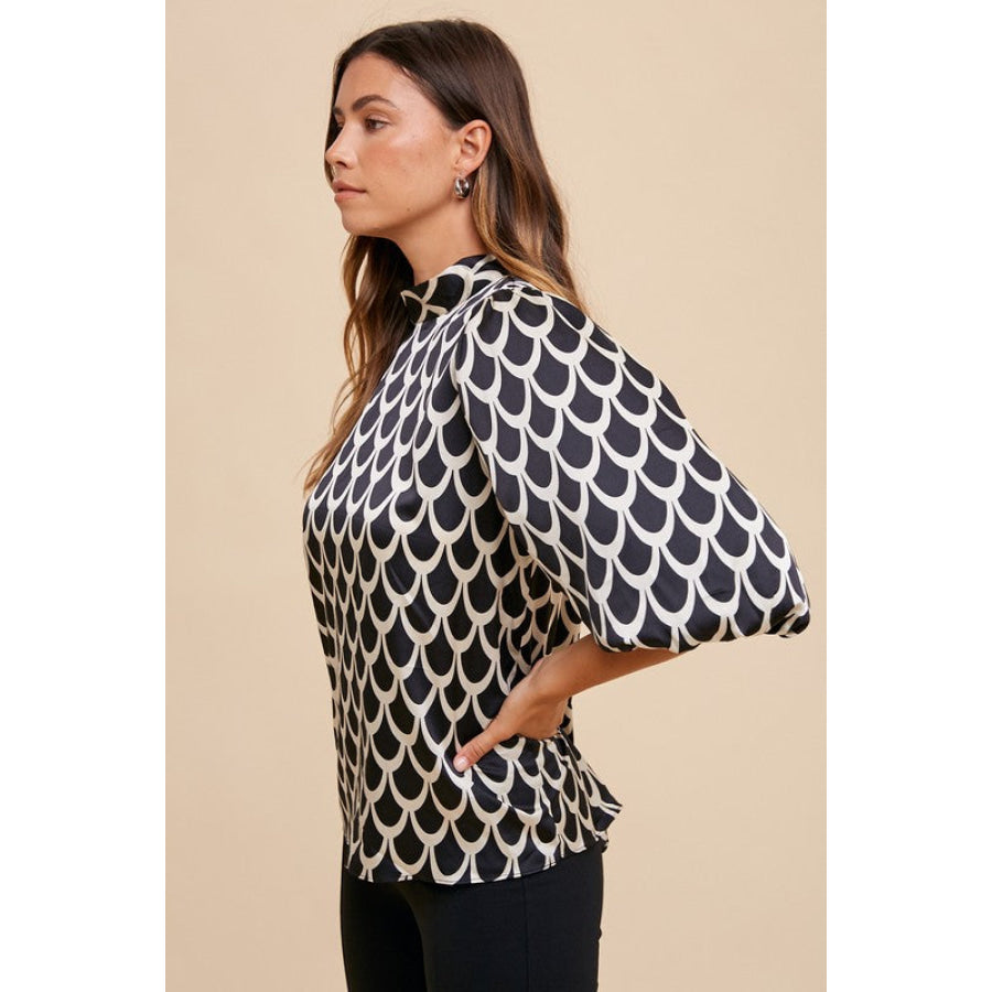 Annie Wear Tie Back Abstract Print Mock Neck Half Sleeve Blouse Black / S Apparel and Accessories