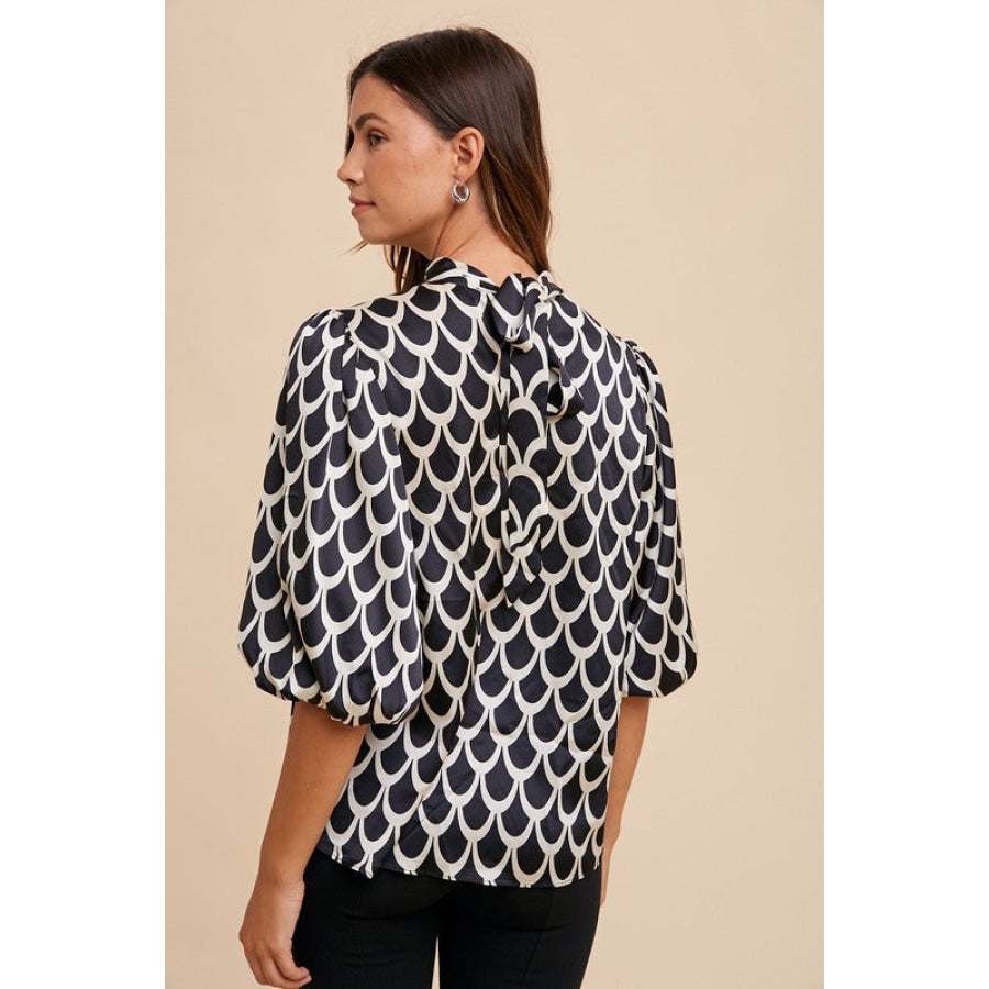 Annie Wear Tie Back Abstract Print Mock Neck Half Sleeve Blouse Apparel and Accessories