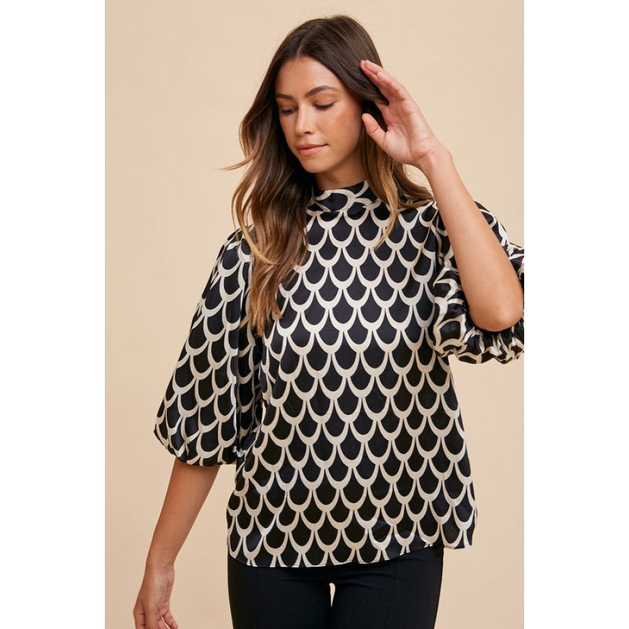 Annie Wear Tie Back Abstract Print Mock Neck Half Sleeve Blouse Apparel and Accessories