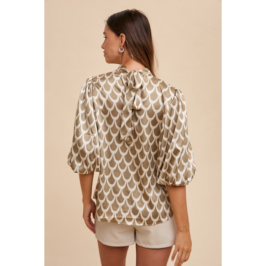 Annie Wear Tie Back Abstract Print Mock Neck Half Sleeve Blouse Apparel and Accessories