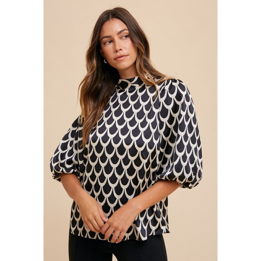 Annie Wear Tie Back Abstract Print Mock Neck Half Sleeve Blouse Black / S Apparel and Accessories