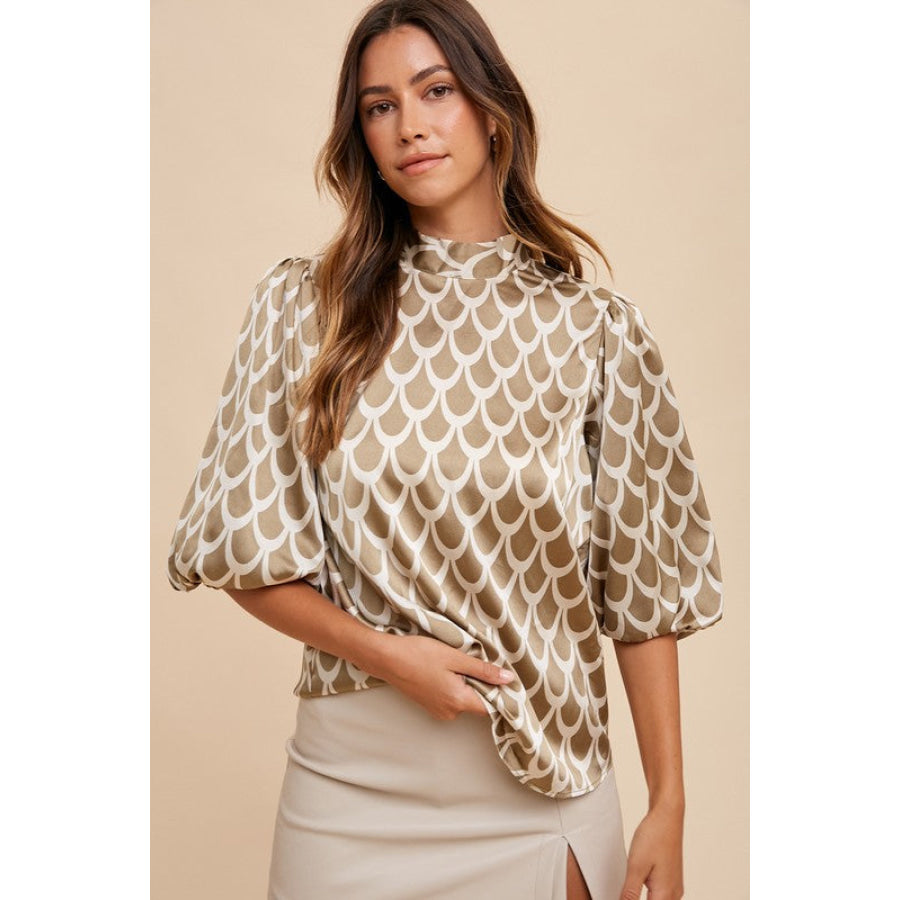 Annie Wear Tie Back Abstract Print Mock Neck Half Sleeve Blouse Khaki / S Apparel and Accessories