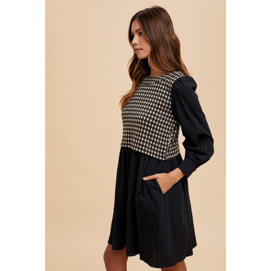 Annie Wear Tie Back Plaid Round Neck Mini Dress Black / S Apparel and Accessories