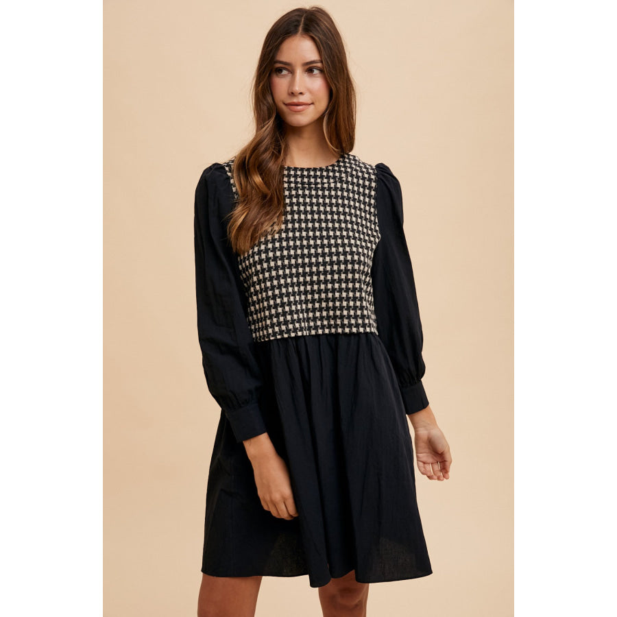 Annie Wear Tie Back Plaid Round Neck Mini Dress Black / S Apparel and Accessories