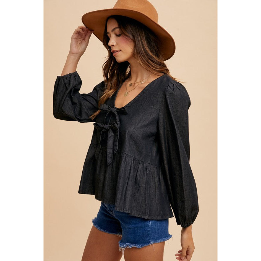 Annie Wear Tie Front Peplum Long Sleeve Denim Top Black / S Apparel and Accessories