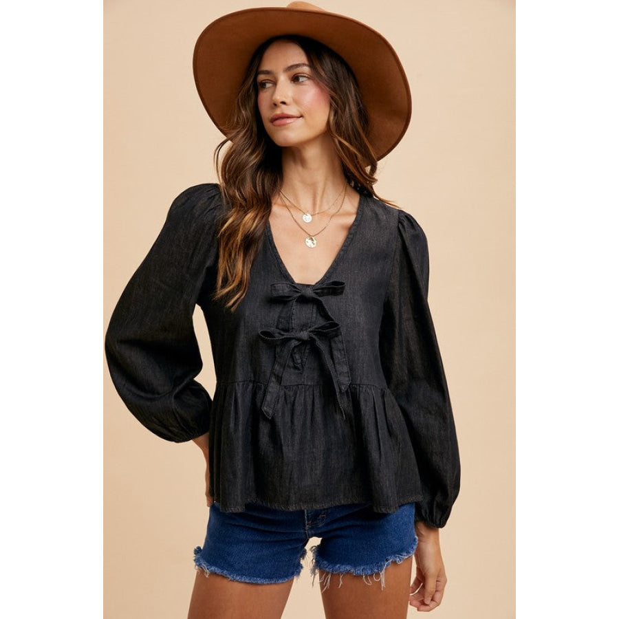 Annie Wear Tie Front Peplum Long Sleeve Denim Top Apparel and Accessories