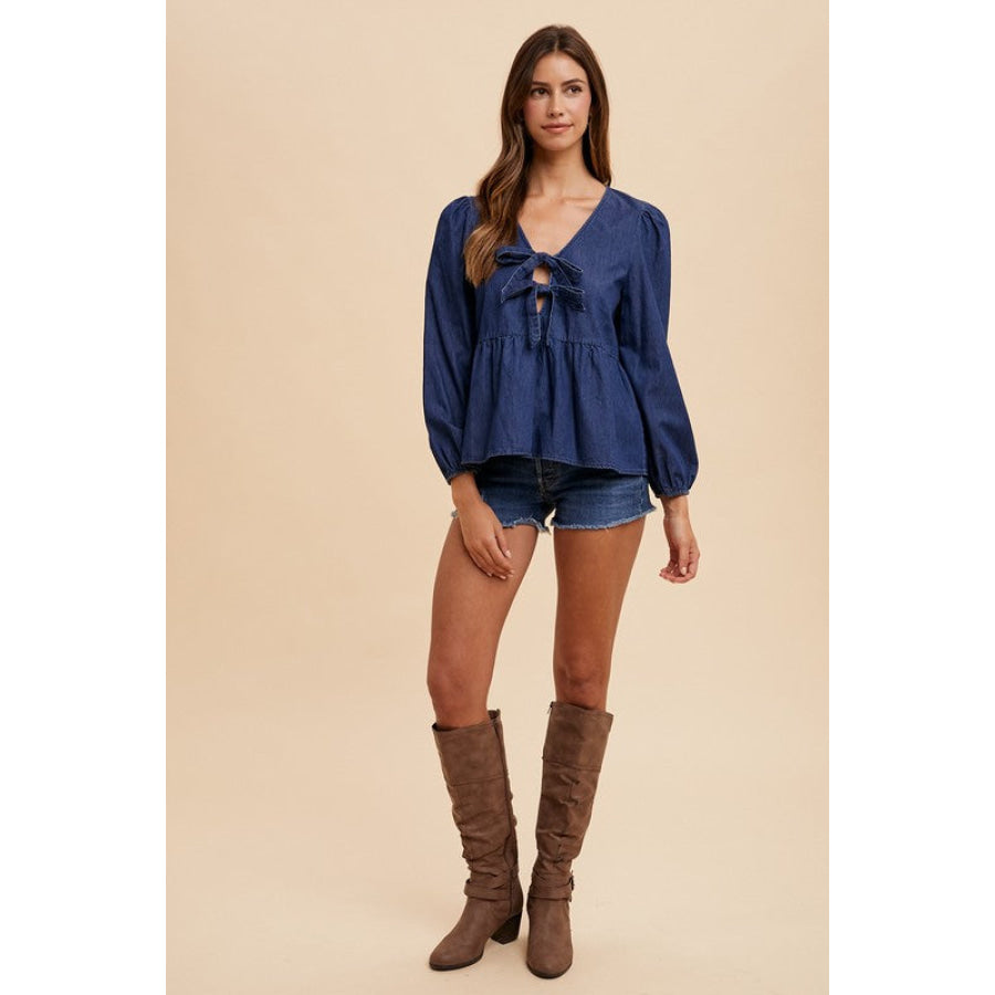 Annie Wear Tie Front Peplum Long Sleeve Denim Top Apparel and Accessories