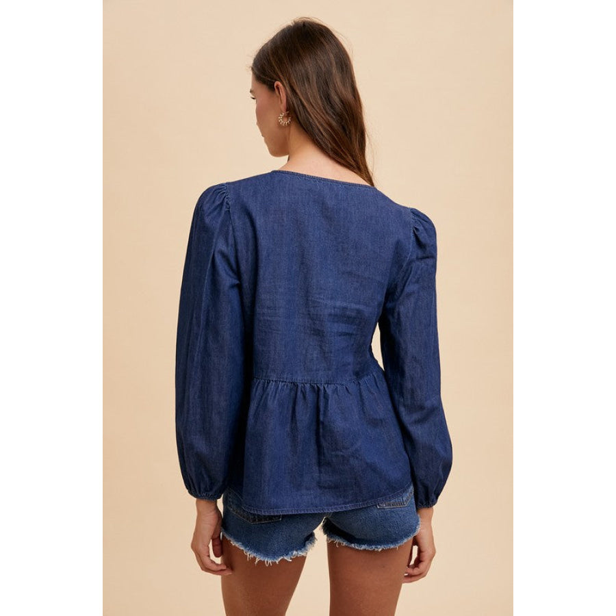 Annie Wear Tie Front Peplum Long Sleeve Denim Top Apparel and Accessories