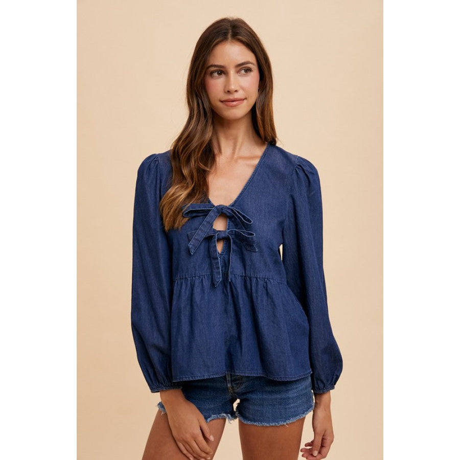 Annie Wear Tie Front Peplum Long Sleeve Denim Top Apparel and Accessories