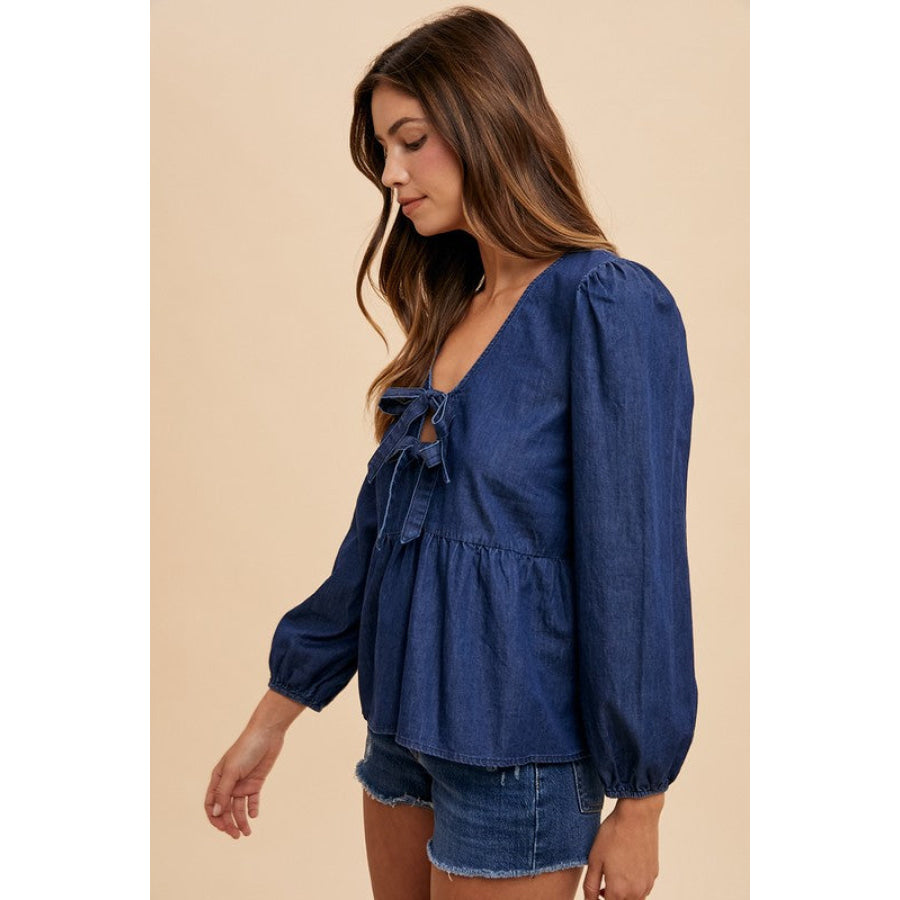 Annie Wear Tie Front Peplum Long Sleeve Denim Top Apparel and Accessories