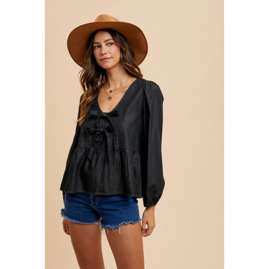 Annie Wear Tie Front Peplum Long Sleeve Denim Top Black / S Apparel and Accessories