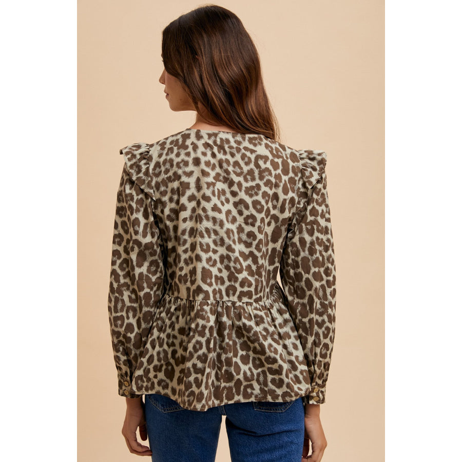 Annie Wear Tied Leopard Round Neck Peplum Blouse Apparel and Accessories