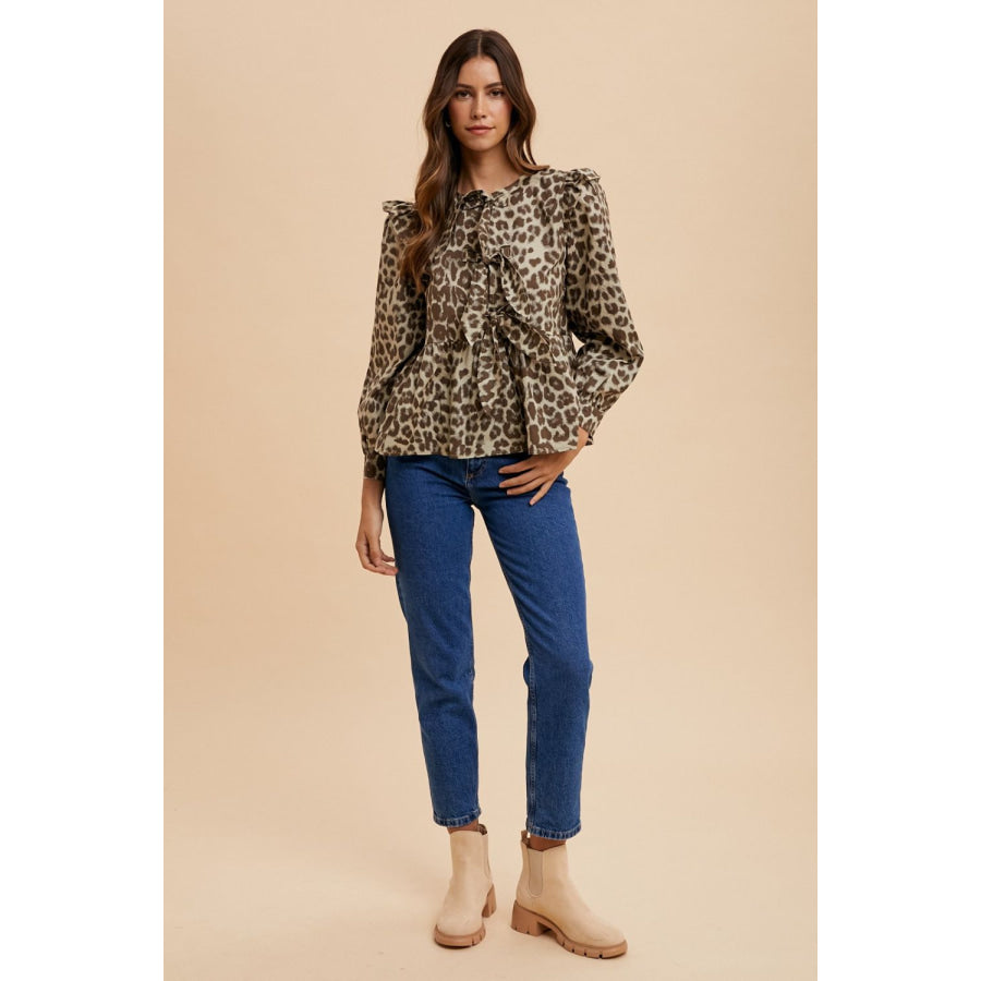 Annie Wear Tied Leopard Round Neck Peplum Blouse Apparel and Accessories