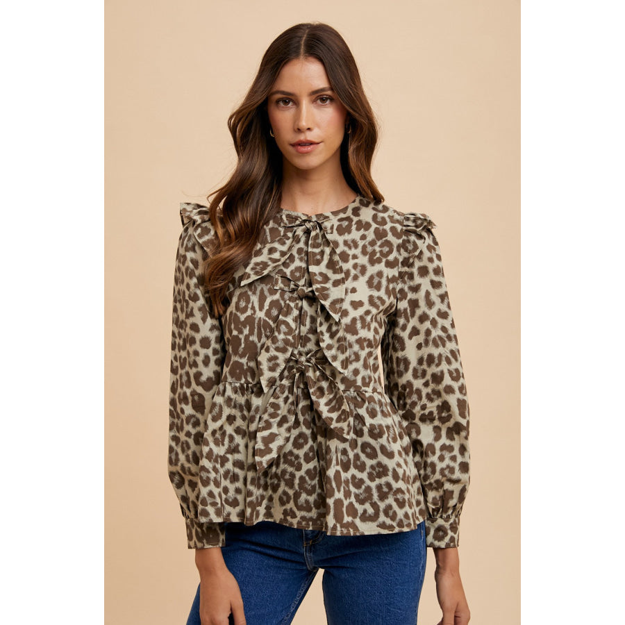 Annie Wear Tied Leopard Round Neck Peplum Blouse Apparel and Accessories