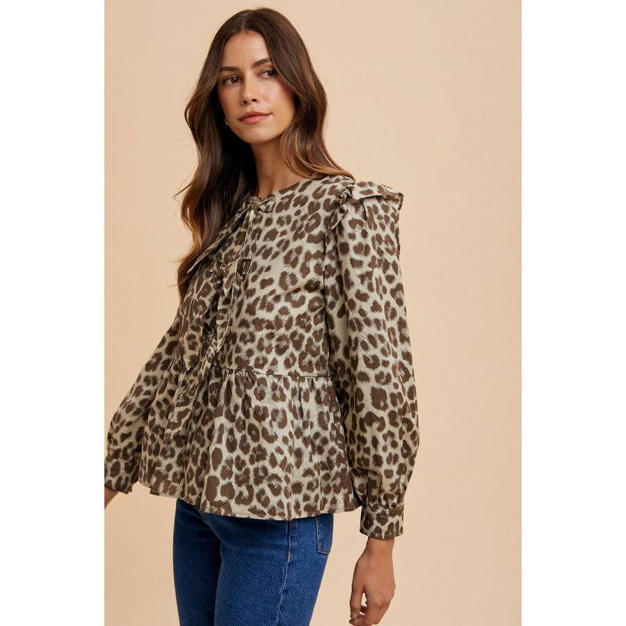 Annie Wear Tied Leopard Round Neck Peplum Blouse Apparel and Accessories