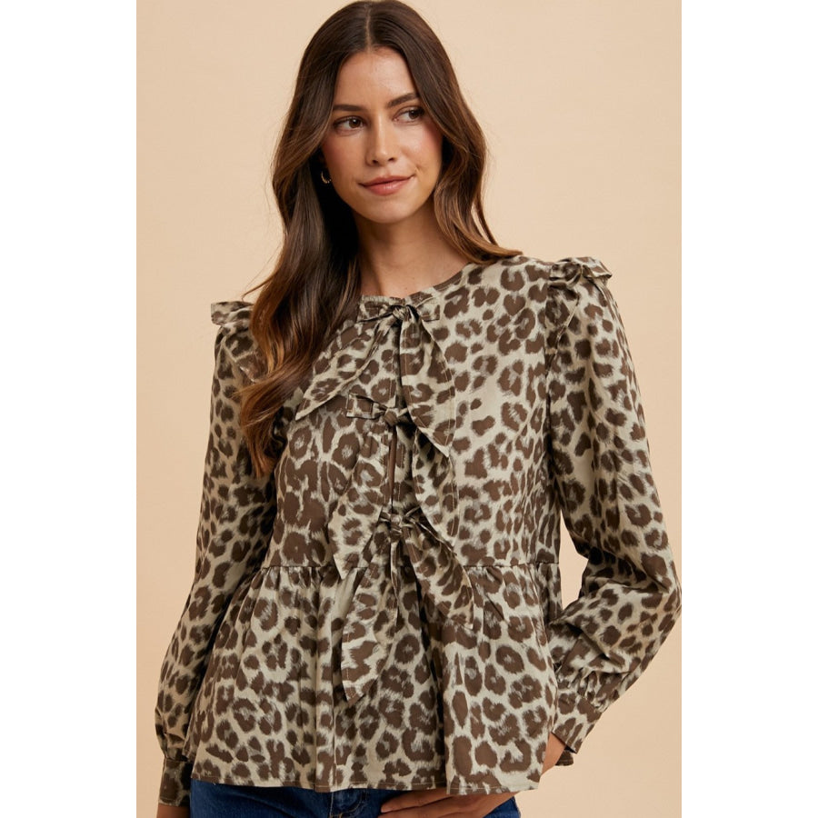 Annie Wear Tied Leopard Round Neck Peplum Blouse Mocha / S Apparel and Accessories